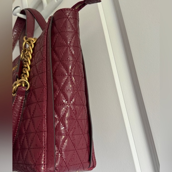Guess Burgundy Quilted Tote with Gold Chain - Picture 8 of 12